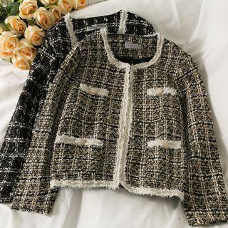 Round-neck Plaid Button-up Knit Cardigan