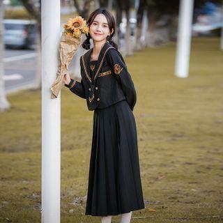 Set: Sailor Collar Blouse + Pleated Midi Skirt