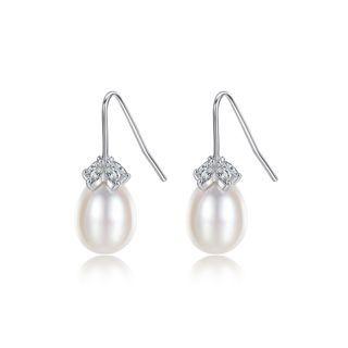 Sterling Silver Fashion Simple White Freshwater Pearl Earrings With Cubic Zirconia Silver - One Size