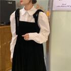 Long-sleeve Collared Blouse / Tie-strap Midi A-line Overall Dress