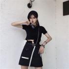 Chain Detail Short-sleeve T-shirt / Zip Detail Mini A-line Skirt / Belt / Set