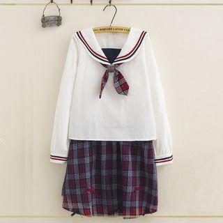 Set: Sailor Collar Long-sleeve Top + Plaid A-line Skirt