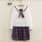 Set: Sailor Collar Long-sleeve Top + Plaid A-line Skirt