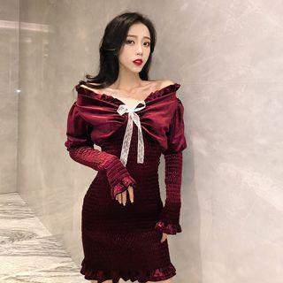 Off-shoulder Long-sleeve Mini Velvet Sheath Dress