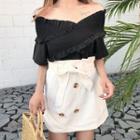 Short-sleeve Off-shoulder Frill Trim Top / Bow A-line Mini Skirt