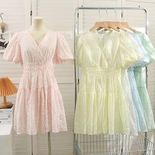 V-neck Puff-sleeve Printed Mini Dress In 5 Colors