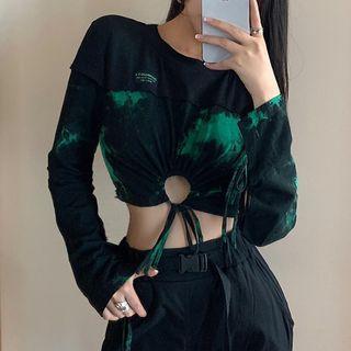 Long-sleeve Tie-dye Drawstring Crop Top / Cargo Pants / Set