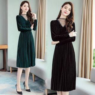 Lace Panel Pleated Midi A-line Dress