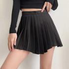 High Waist Irregular Hem Plain Pleated Mini Skirt