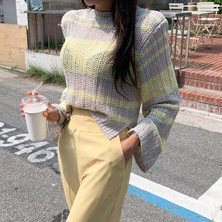 Wide-sleeve Stripe Knit Crop Top
