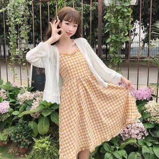Plaid Strappy Midi A-line Dress / Light Jacket