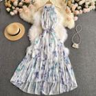 Halter-neck Print Midi A-line Dress