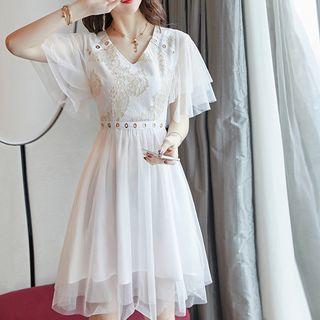 Lace Panel Glitter Short-sleeve A-line Dress