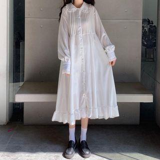 Long-sleeve Frill Trim Midi A-line Shirtdress / Overall Dress