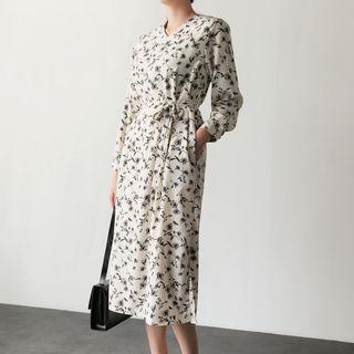 V-neck Floral Print Midi Dress With Sash