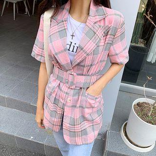 Peaked-lapel Short-sleeve Belted Plaid Blazer