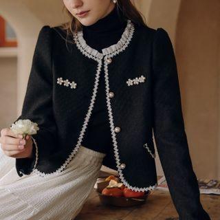Lace Trim Faux Pearl Cropped Jacket