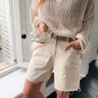 Frayed Cotton Shorts With Sash Light Beige - One Size