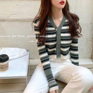 Long-sleeve V-neck Striped Cropped Knit Cardigan