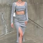 Long-sleeve Crop T-shirt / Shirred Pencil Skirt