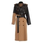 Faux Leather Panel Double-breasted Trench Coat