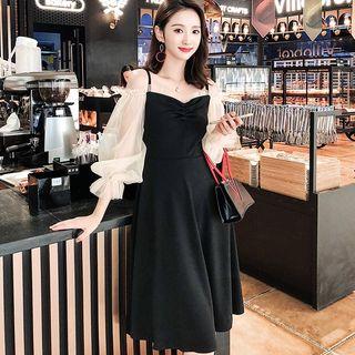 Elbow-sleeve Cold-shoulder Mesh Panel A-line Dress
