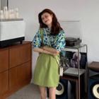 Puff-sleeve Floral Blouse / Tie-waist Pinafore Dress