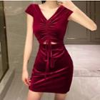 Short-sleeve Cutout Velvet Plain Dress