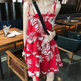 Tie Strap Leaf Print A-line Dress As Shown In Figure - One Size