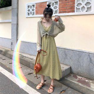 Sheer Shirt / Floral Print Spaghetti-strap Midi Dress