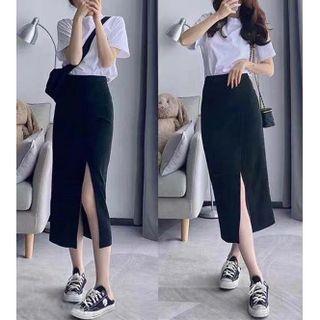 Set Of 2: Short-sleeve Top + Slit Midi Skirt
