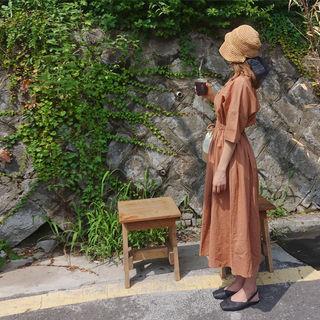 Notched-lapel Band-waist Midi Dress
