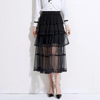 Layered Dotted Mesh Midi A-line Skirt
