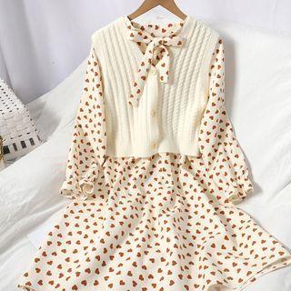 Set: Heart Long-sleeve Midi A-line Dress + Sweater Vest
