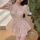 Short-sleeve Floral Print Mini A-line Dress Pink Floral - White - One Size