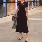 Short-sleeve Faux Pearl Studded Midi A-line Dress