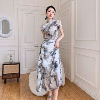 Short-sleeve Detachable-sleeve Tie Dye T-shirt / Midi A-line Skirt / Set