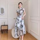 Short-sleeve Detachable-sleeve Tie Dye T-shirt / Midi A-line Skirt / Set