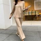 Set: V-neck Knit Top + Band-waist Knit Pants