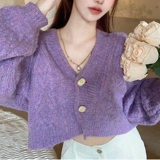 Puff-sleeve Crop Cardigan Purple - One Size
