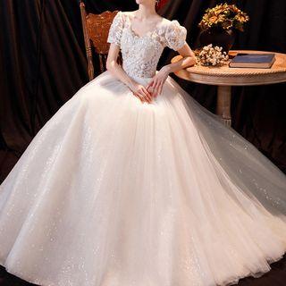 Short-sleeve Lace A-line Evening Ball Gown