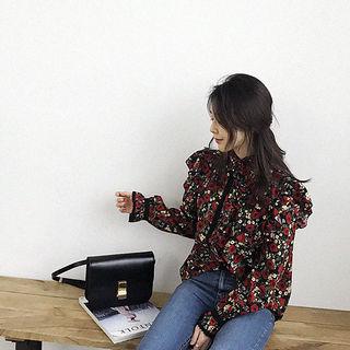 Stand-collar Floral Frilled Shirt