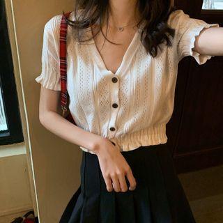 Short-sleeve V-neck Button-up Pointelle Knit Top