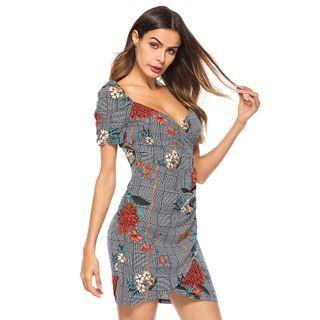 Short-sleeve Floral Print Plaid Mini A-line Dress