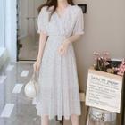 Puff Sleeve V-neck Ruffle Trim Floral Print A-line Dress
