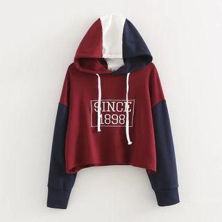 Contrast-color Hooded Cropped Pullover