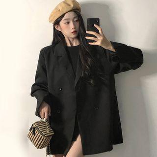 Long-sleeve Double-breasted Plain Blazer / Long-sleeve Round Neck Side-slit Mini Bodycon Dress