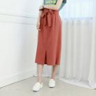 Petite Size - Slit-front Pleated Linen Skirt With Sash