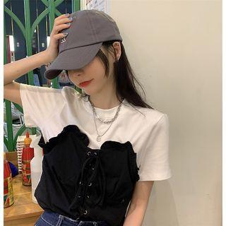 Short-sleeve Mock Two-piece T-shirt White & Black - One Size