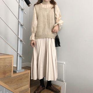 Long-sleeve Frill Trim Chiffon Blouse / Cable Knit Vest
